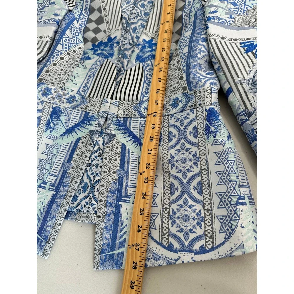 Camilla Peplum Blazer Size L Blue White Mosaic Print Crystal Embellished Art